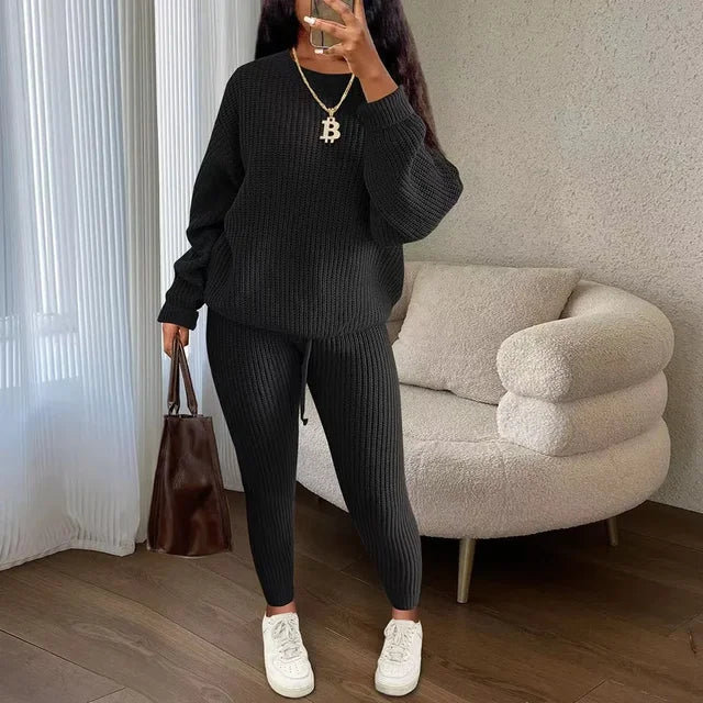 Winter Two-Piece Sets Women's Clothing Autumn Fashion Casual Solid Round Neck Pullover Loose Ribbed Knitted Sweater and Pants Suit