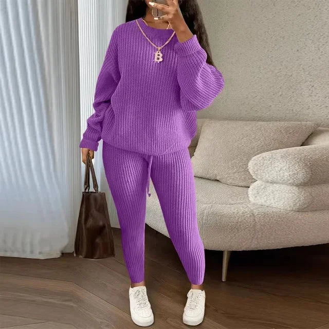 Winter Two-Piece Sets Women's Clothing Autumn Fashion Casual Solid Round Neck Pullover Loose Ribbed Knitted Sweater and Pants Suit