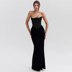 Velvet patchwork waistband strapless dress for women