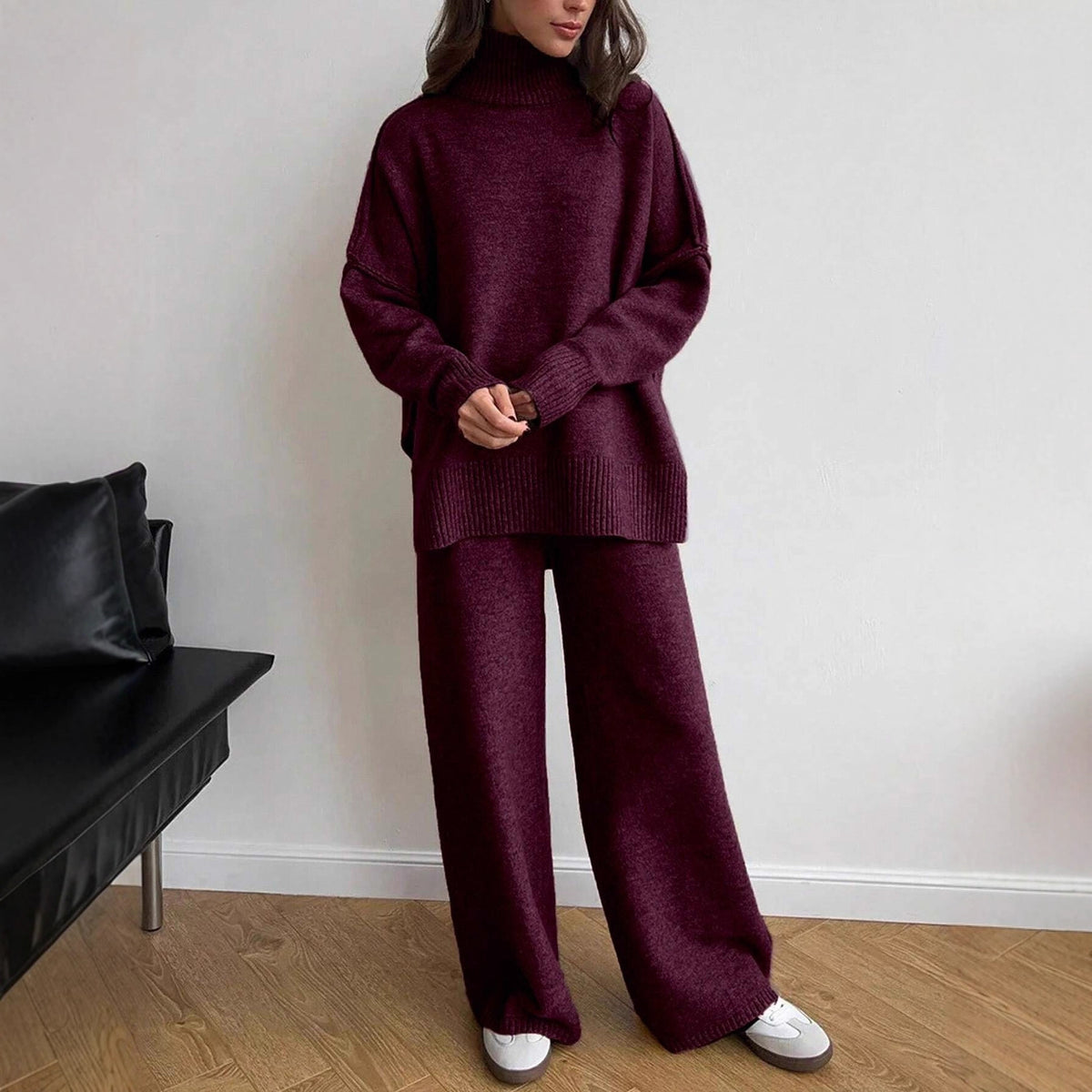 High Neck Sweater Set for Women, Loose Casual Knit Long Pants Outfit