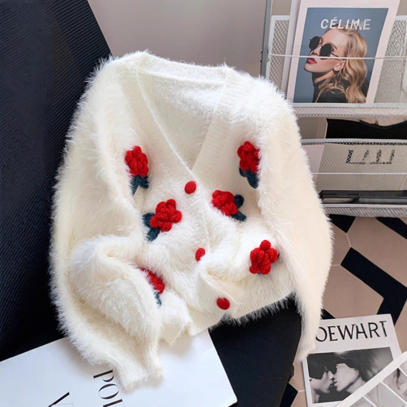 Flower sweater sweet faux mink fur jacket