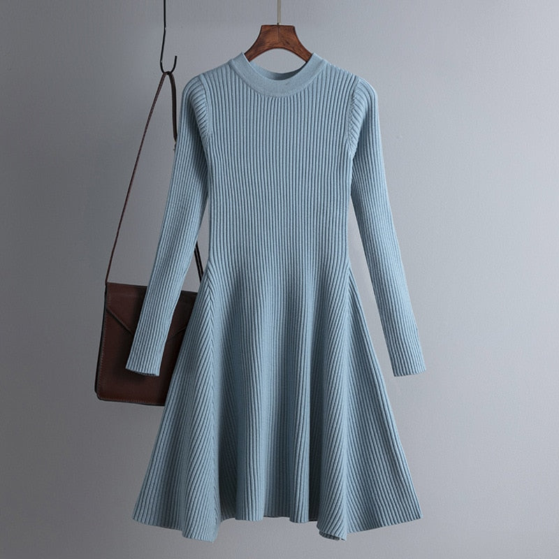 Elegant Women’s Autumn Winter A-Line Thick Knit Sweater Dress