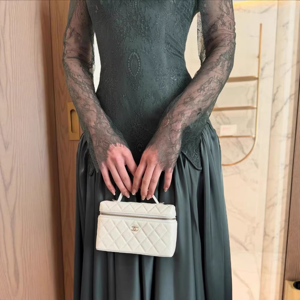 Strapless Evening Dress for Women Long Sleeve Lace Spliced Satin, Fitted Waist, Green Clothing