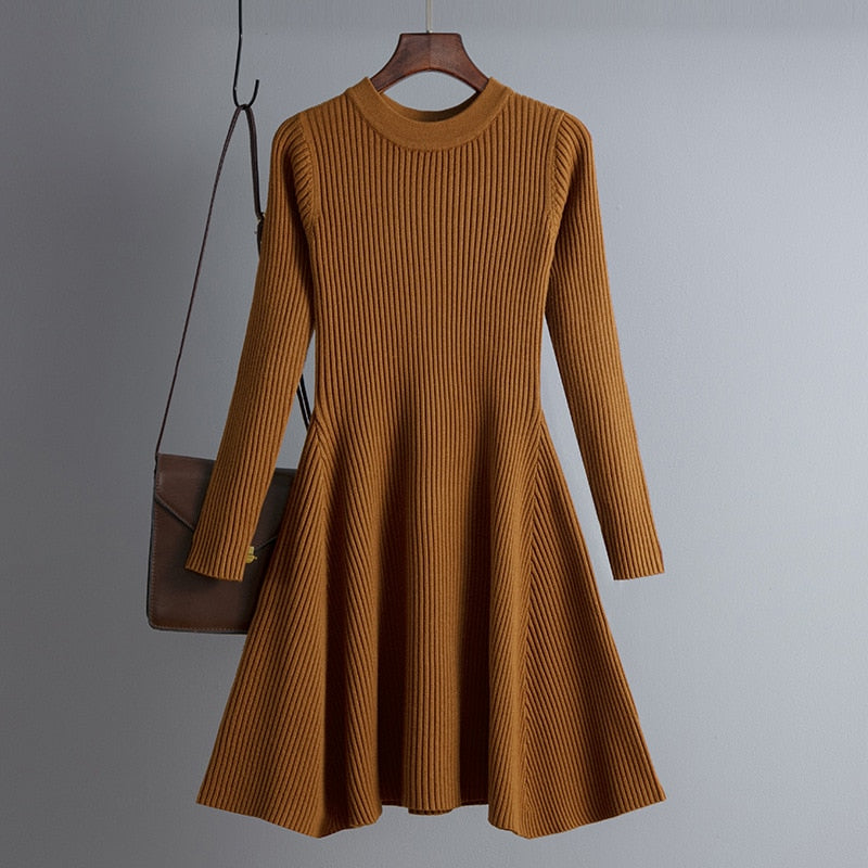 Elegant Women’s Autumn Winter A-Line Thick Knit Sweater Dress