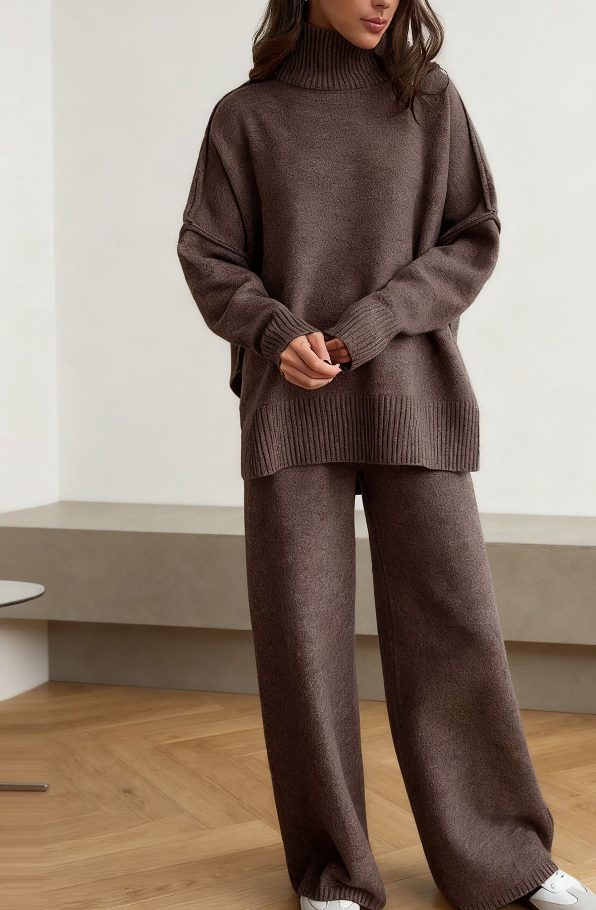 High Neck Sweater Set for Women, Loose Casual Knit Long Pants Outfit