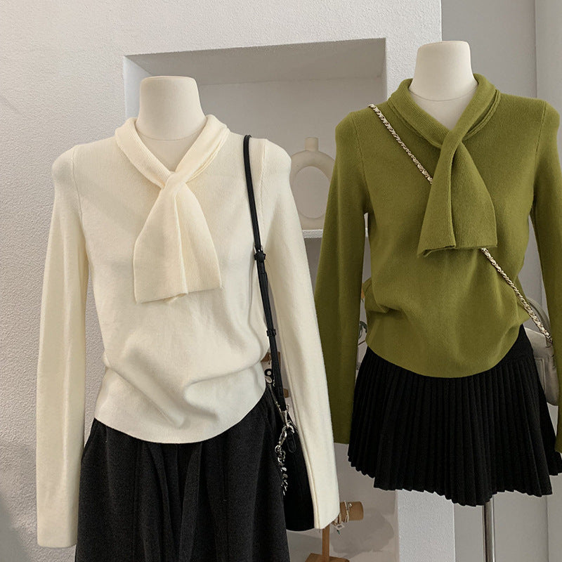 Chic Cross-Neck Tie V-Neck Knit Sweater for Women Long Sleeve Innerwear Autumn Winter Fashion Top