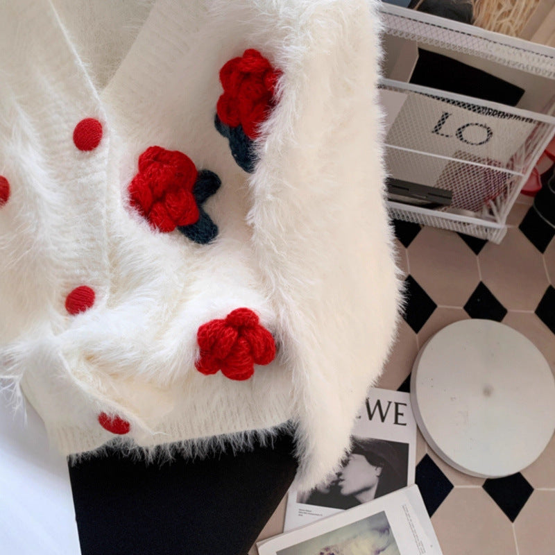 Flower sweater sweet faux mink fur jacket