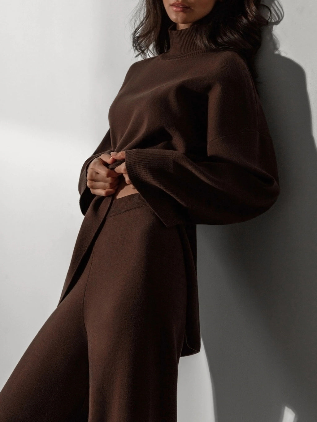 Office Elegant Pant Sets Turtleneck Irregular Sweater Outfit Autumn Winter 2 Piece High Waist Wide Leg Pant Suit Women