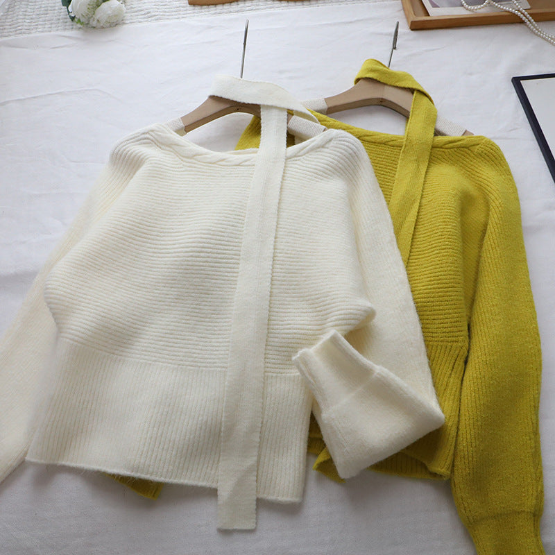 Autumn/Winter New Off-Shoulder Ribbon Youthful Waist-Cinching Slim-Fit Versatile Crewneck Sweater for Women