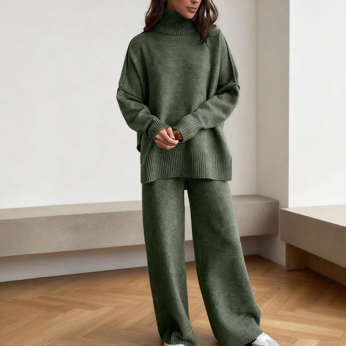 High Neck Sweater Set for Women, Loose Casual Knit Long Pants Outfit