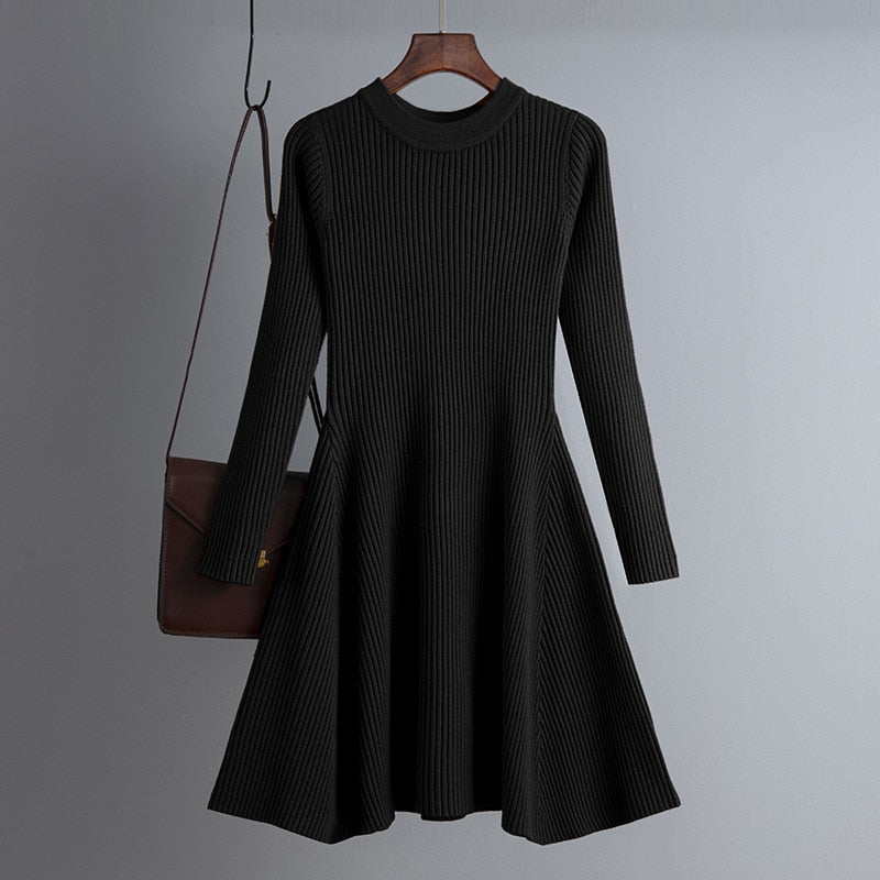 Elegant Women’s Autumn Winter A-Line Thick Knit Sweater Dress
