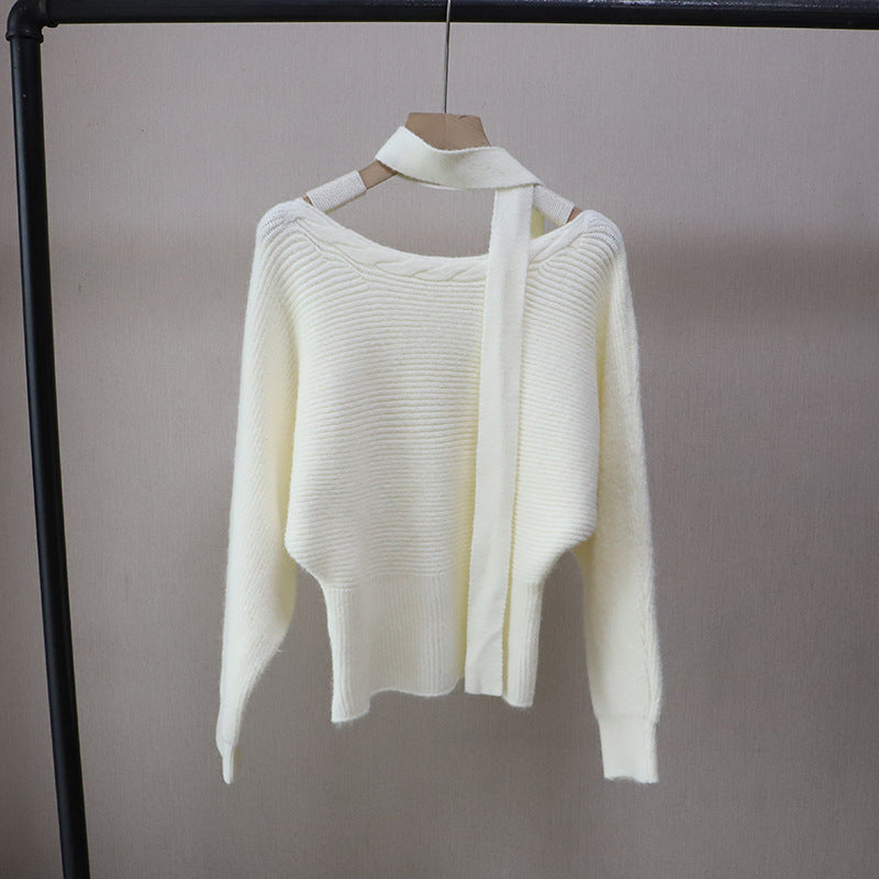 Autumn/Winter New Off-Shoulder Ribbon Youthful Waist-Cinching Slim-Fit Versatile Crewneck Sweater for Women