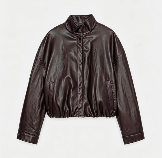 Half-high collar long-sleeved single-breasted PU jacket