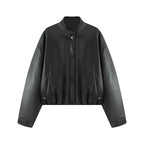 Half-high collar long-sleeved single-breasted PU jacket