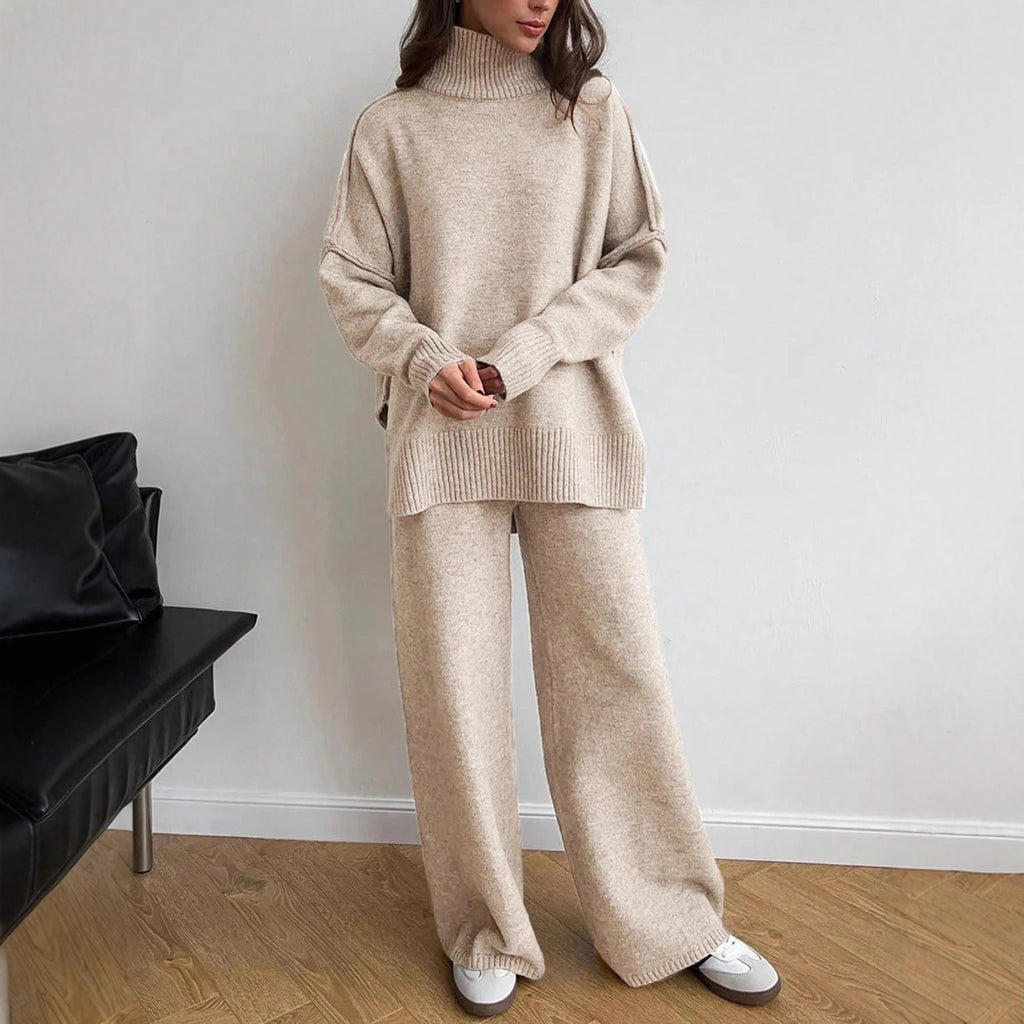High Neck Sweater Set for Women, Loose Casual Knit Long Pants Outfit