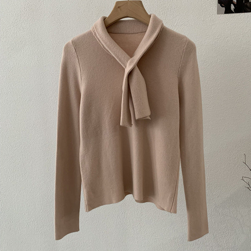 Chic Cross-Neck Tie V-Neck Knit Sweater for Women Long Sleeve Innerwear Autumn Winter Fashion Top