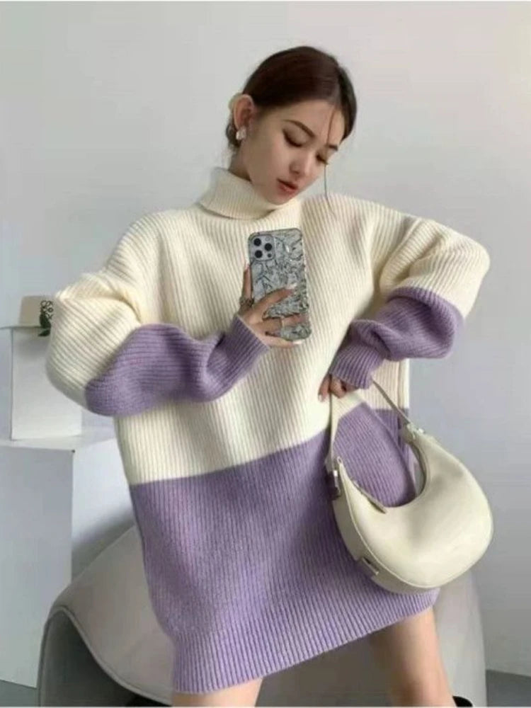 Women Turtleneck Sweater Thickened Purple Gentle Temperament Sweater Loose Long Pullover Winter Color Contrast Knitting