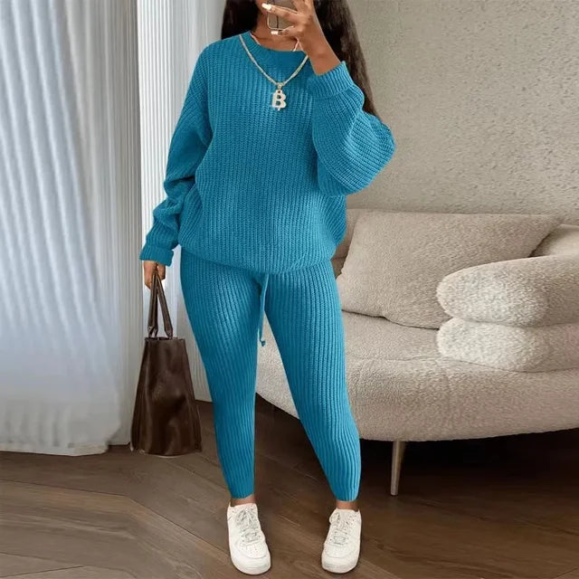 Winter Two-Piece Sets Women's Clothing Autumn Fashion Casual Solid Round Neck Pullover Loose Ribbed Knitted Sweater and Pants Suit