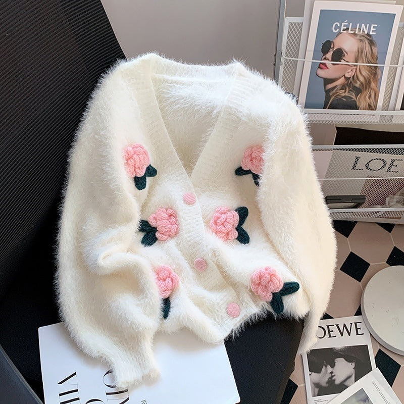 Flower sweater sweet faux mink fur jacket