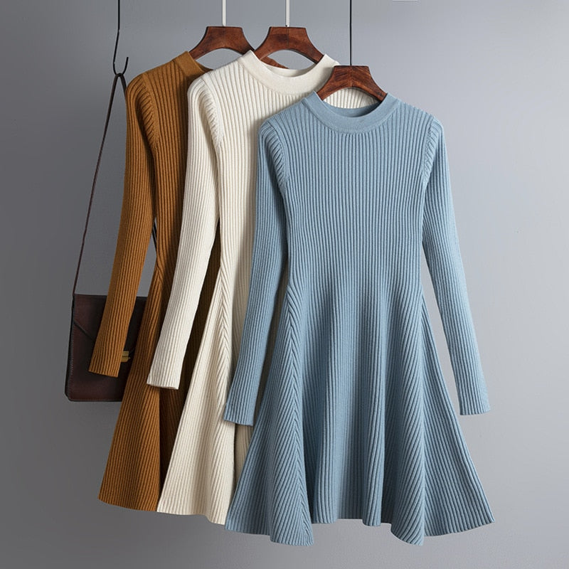 Elegant Women’s Autumn Winter A-Line Thick Knit Sweater Dress