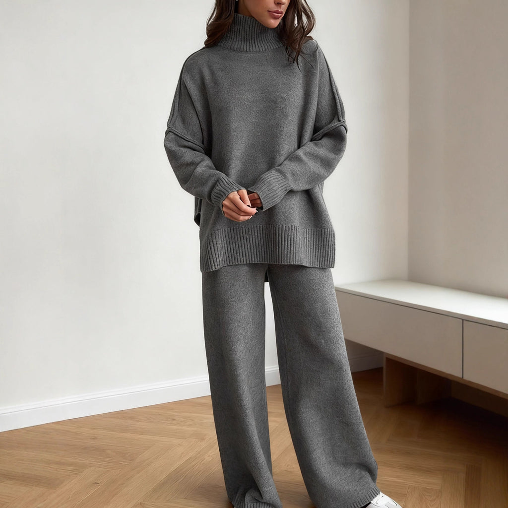 High Neck Sweater Set for Women, Loose Casual Knit Long Pants Outfit
