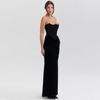 Velvet patchwork waistband strapless dress for women