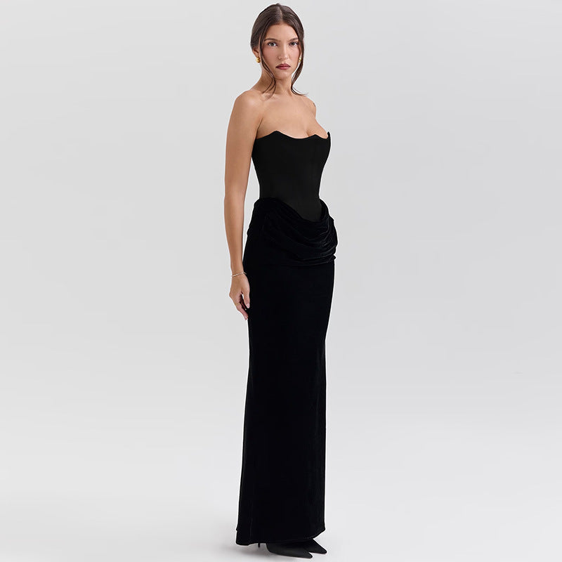 Velvet patchwork waistband strapless dress for women