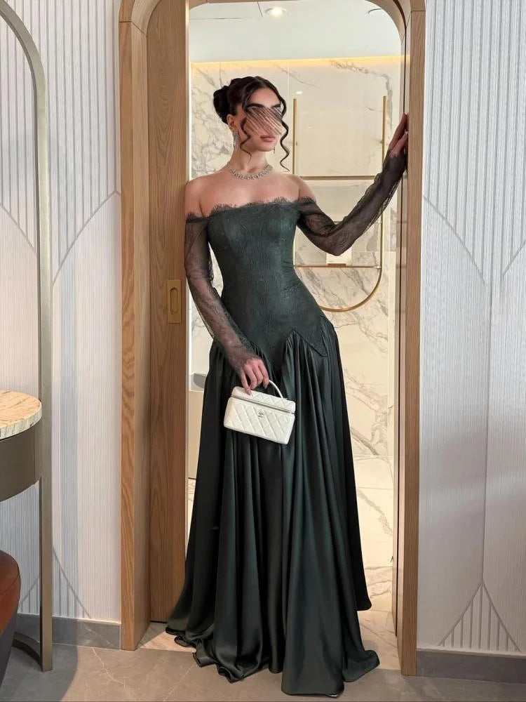 Strapless Evening Dress for Women Long Sleeve Lace Spliced Satin, Fitted Waist, Green Clothing