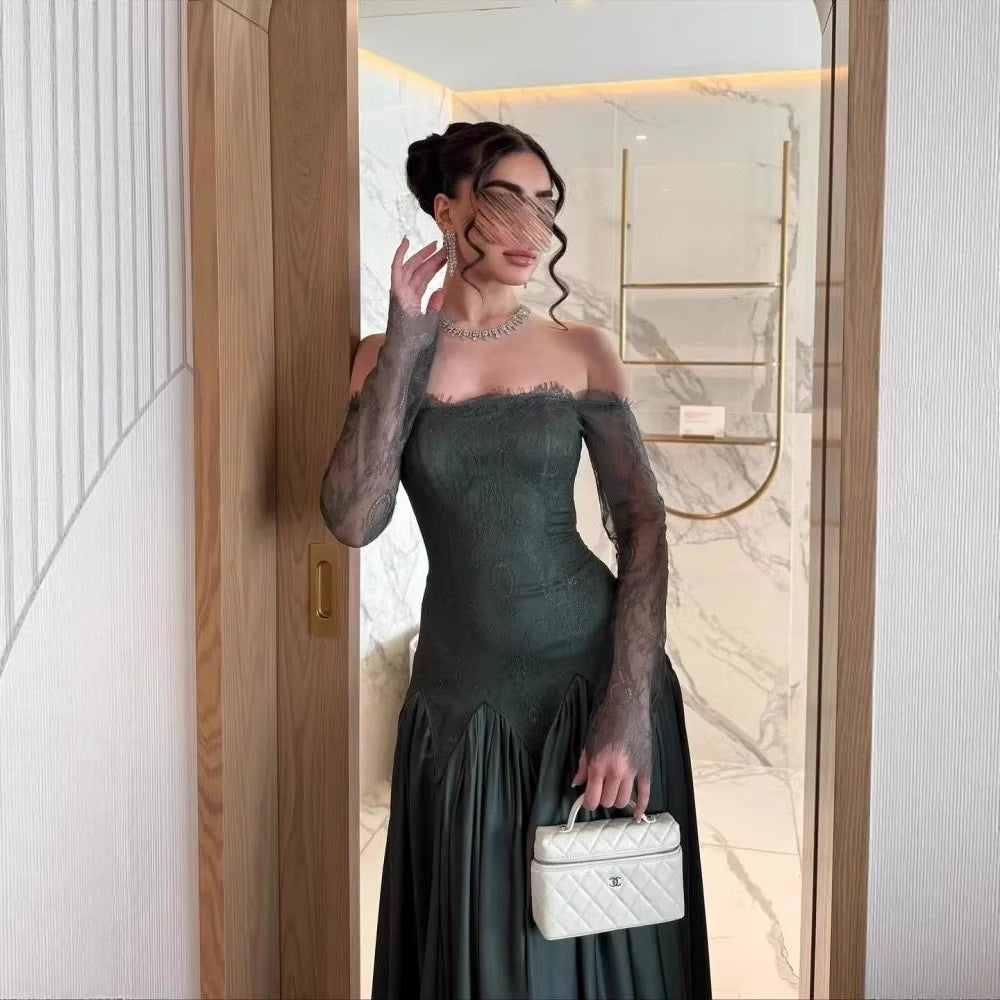 Strapless Evening Dress for Women Long Sleeve Lace Spliced Satin, Fitted Waist, Green Clothing