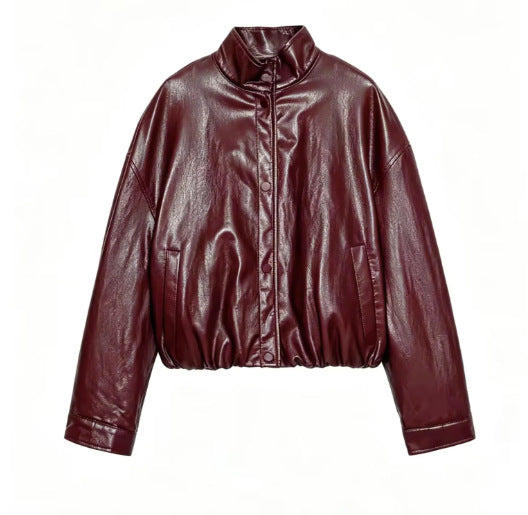 Half-high collar long-sleeved single-breasted PU jacket