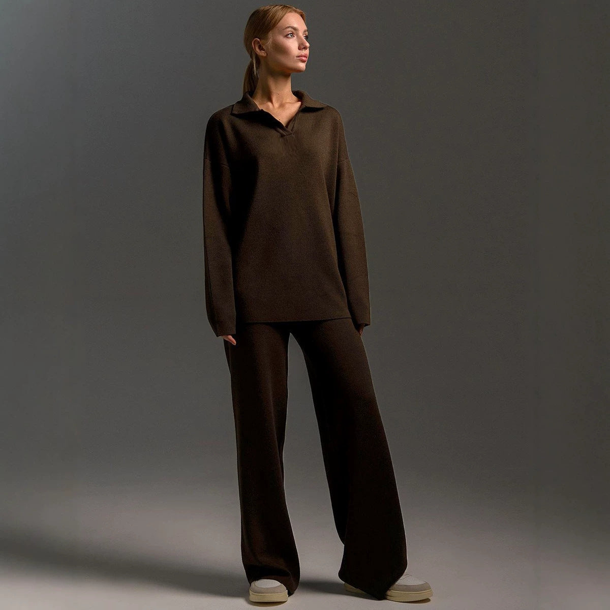 Winter Solid Color Polo Neck Wide Leg Pants Two-Piece Set for Women