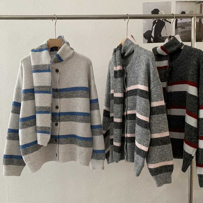 Stripe Scarf Two-Piece Knit Cardigan for Women Winter Loose Soft Versatile Sweater Coat