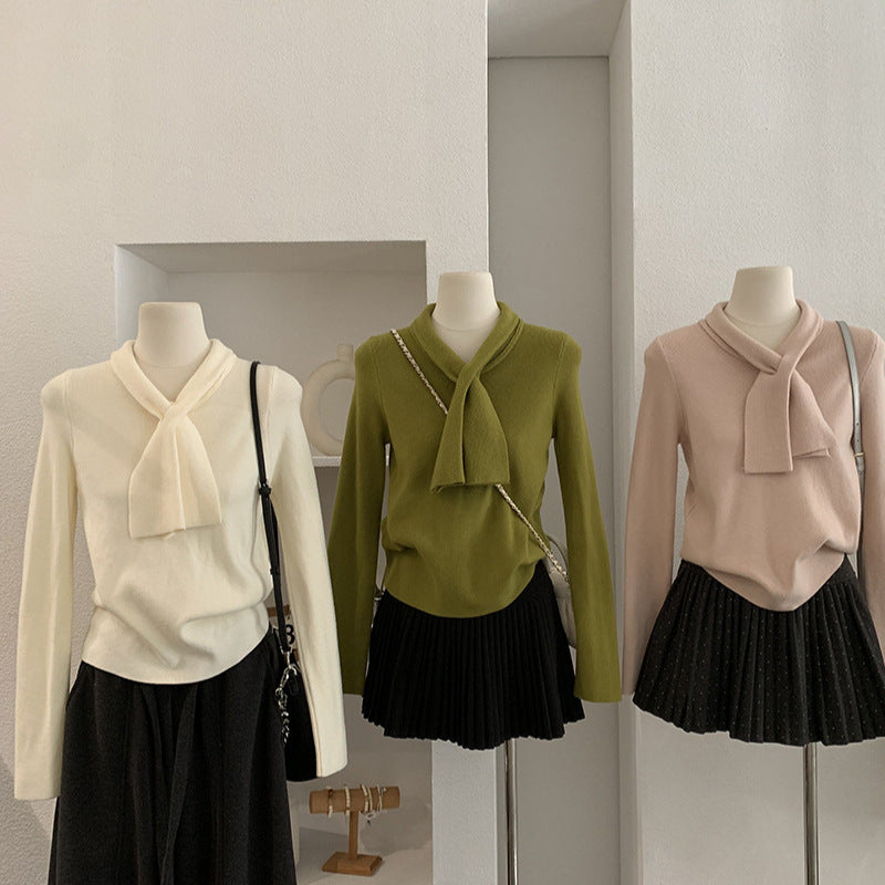 Chic Cross-Neck Tie V-Neck Knit Sweater for Women Long Sleeve Innerwear Autumn Winter Fashion Top