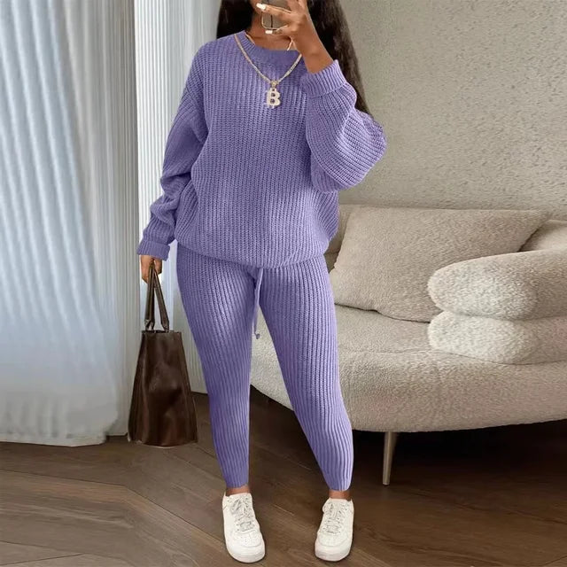 Winter Two-Piece Sets Women's Clothing Autumn Fashion Casual Solid Round Neck Pullover Loose Ribbed Knitted Sweater and Pants Suit