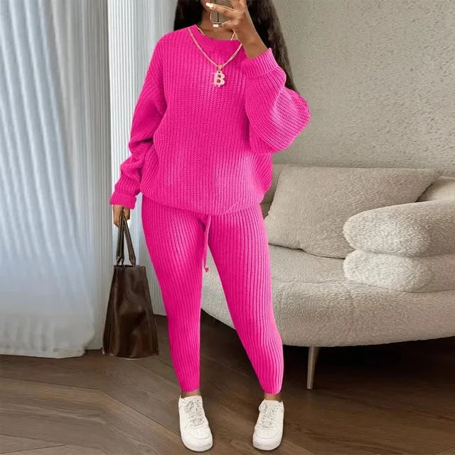 Winter Two-Piece Sets Women's Clothing Autumn Fashion Casual Solid Round Neck Pullover Loose Ribbed Knitted Sweater and Pants Suit