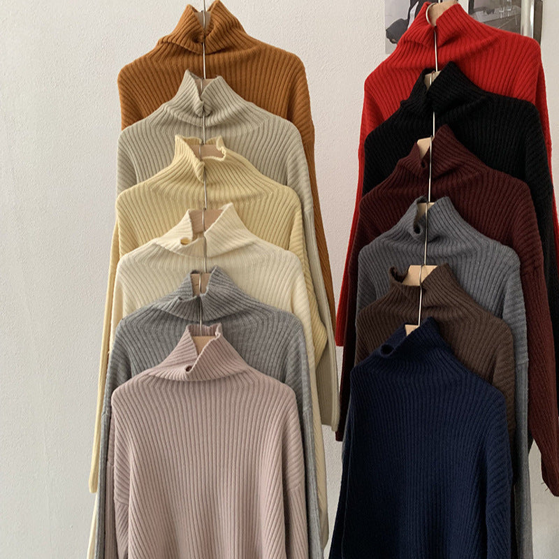 Simple High-neck Sweater for Women Winter Casual Loose Thick Ribbed Long Sleeve Knitwear