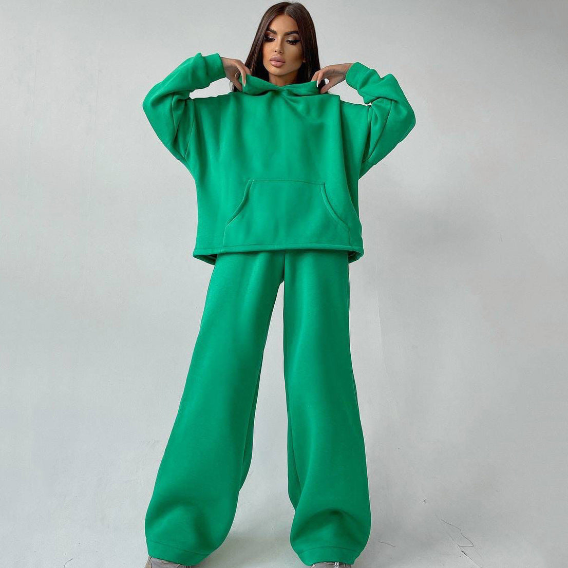 Hooded Pocket Sweatshirt Two-Piece Set for Women