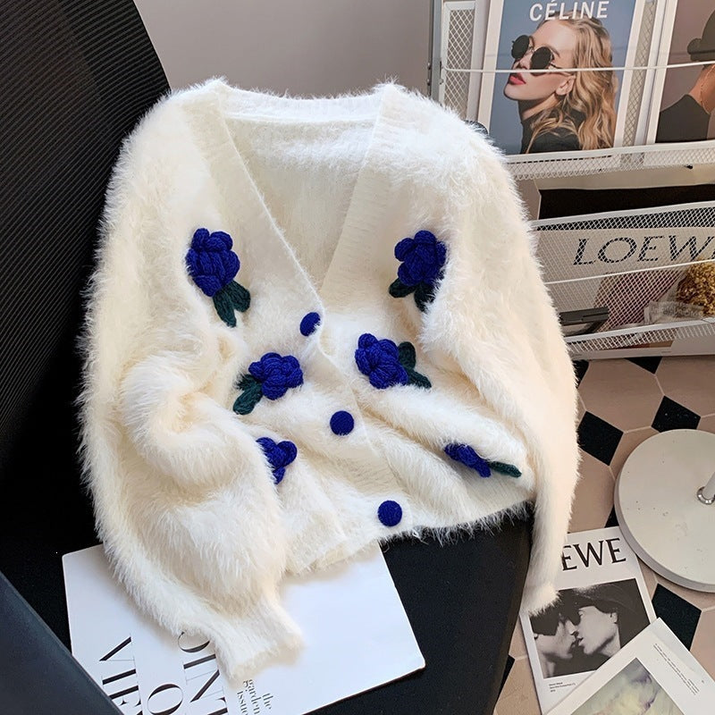 Flower sweater sweet faux mink fur jacket