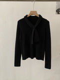 Chic Cross-Neck Tie V-Neck Knit Sweater for Women Long Sleeve Innerwear Autumn Winter Fashion Top