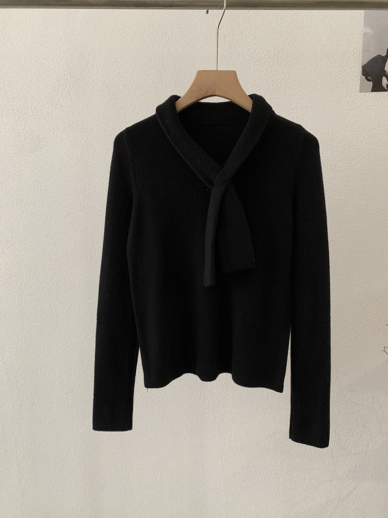 Chic Cross-Neck Tie V-Neck Knit Sweater for Women Long Sleeve Innerwear Autumn Winter Fashion Top