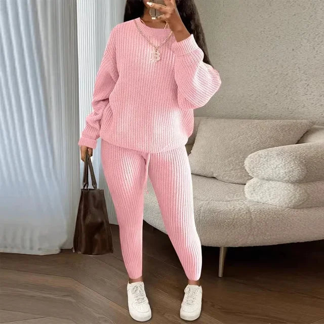 Winter Two-Piece Sets Women's Clothing Autumn Fashion Casual Solid Round Neck Pullover Loose Ribbed Knitted Sweater and Pants Suit