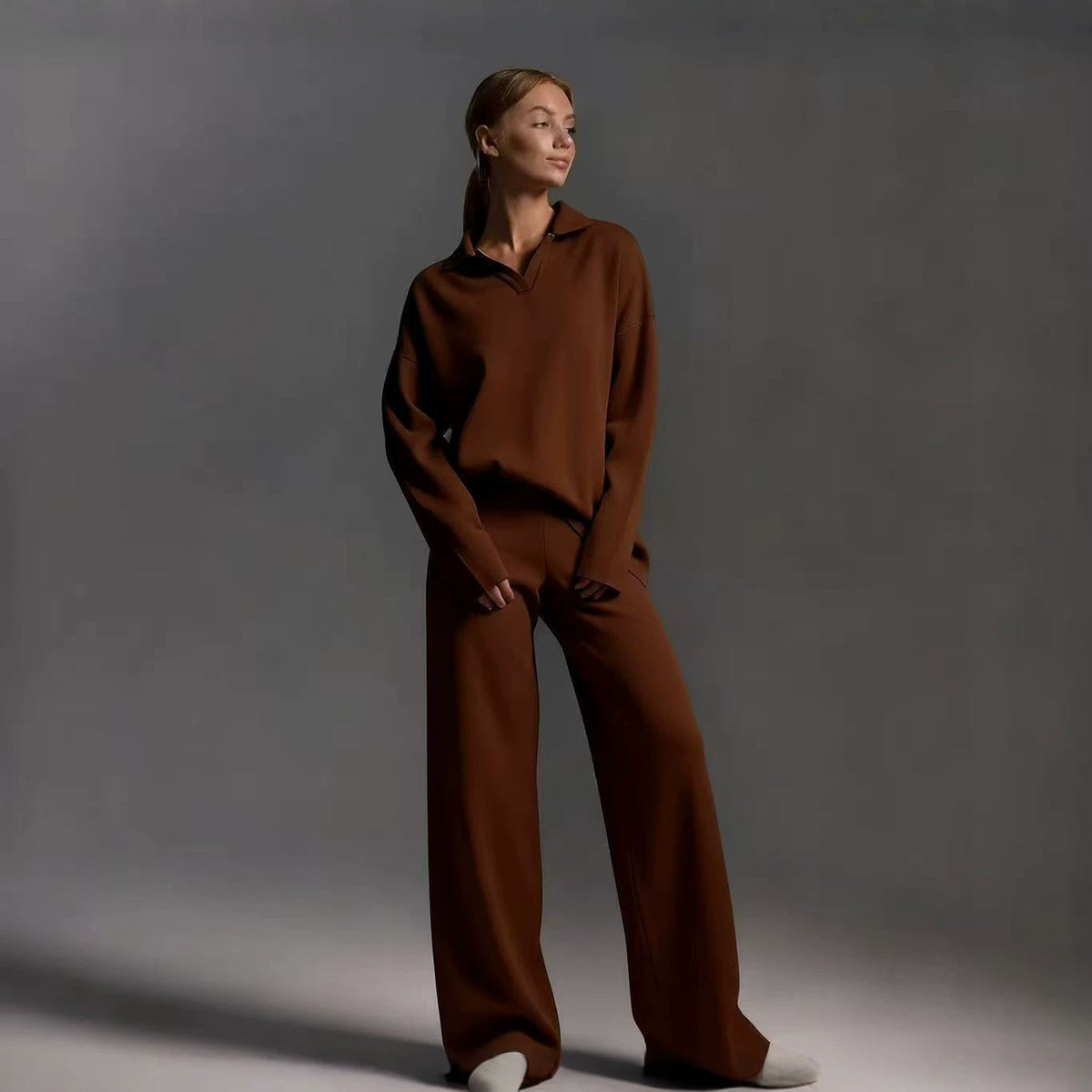 Winter Solid Color Polo Neck Wide Leg Pants Two-Piece Set for Women